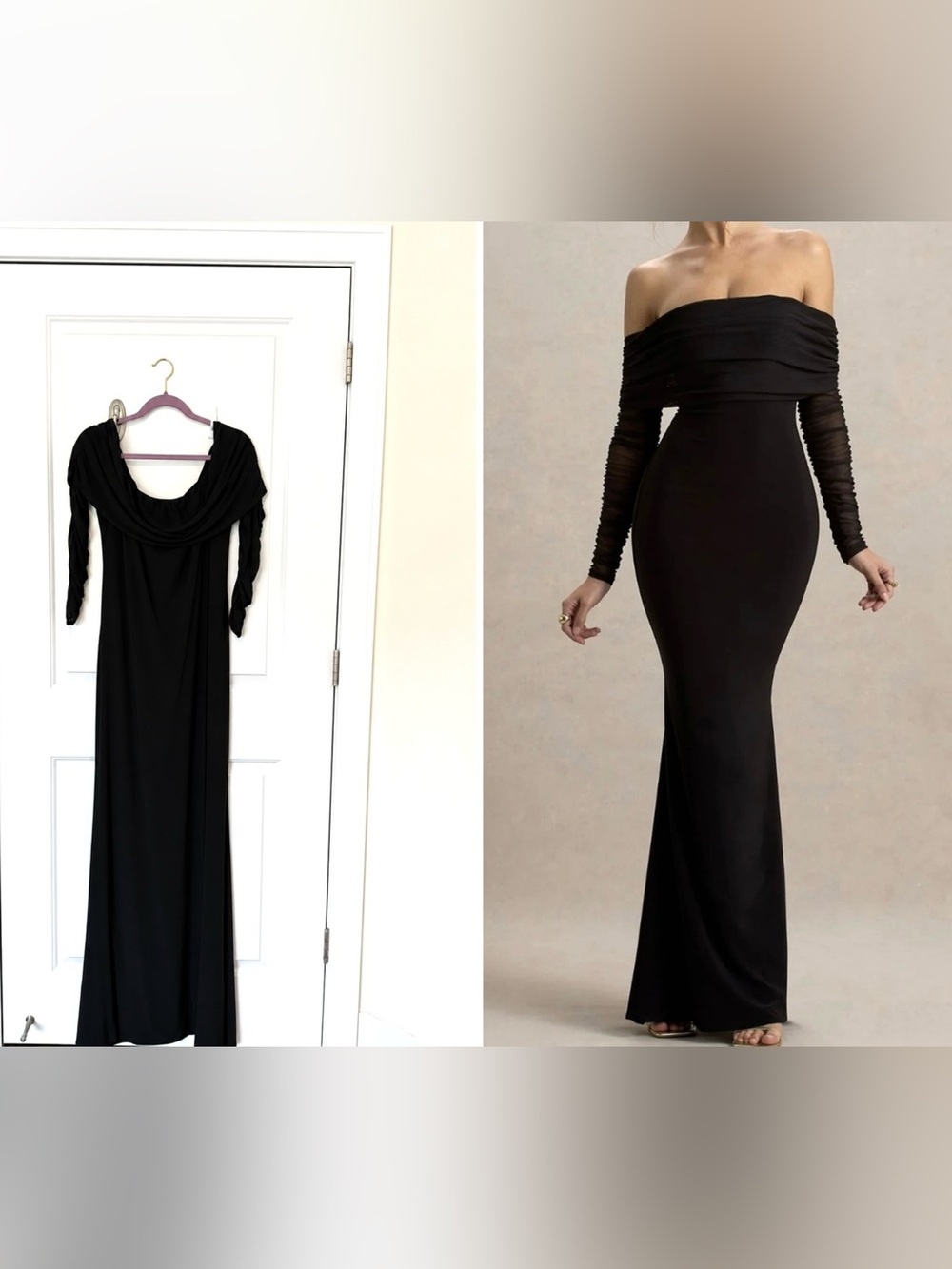 Club L London Madeleine Black Fishtail Maxi Dress With Bardot Mesh Long Sleeves